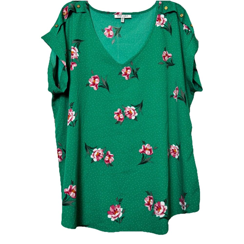 Speed Limit Plus Size Green Floral V-Neck Blouse Button Detail Cottagecore 2X